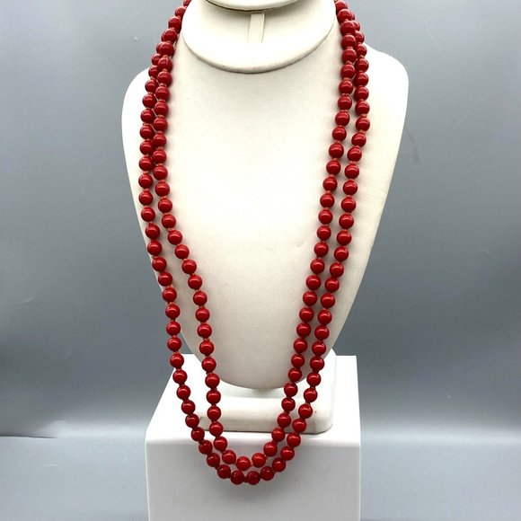 Red Bead Knotted Strand Necklace, Extra Long Vintage Pinup Fashion - Picture 1 of 5